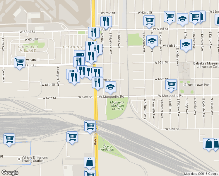 map of restaurants, bars, coffee shops, grocery stores, and more near 6633 South Kilpatrick Avenue in Chicago