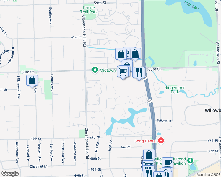 map of restaurants, bars, coffee shops, grocery stores, and more near 6340 Americana Drive in Willowbrook