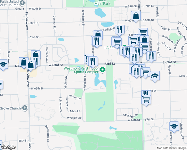 map of restaurants, bars, coffee shops, grocery stores, and more near 1237 Williams Port Drive in Westmont