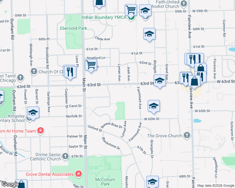 map of restaurants, bars, coffee shops, grocery stores, and more near 801 63rd Street in Downers Grove