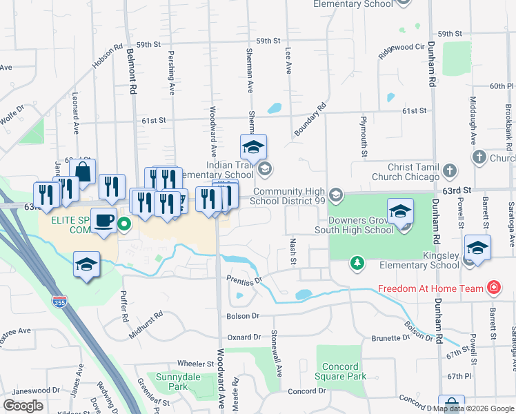 map of restaurants, bars, coffee shops, grocery stores, and more near 1887 Brighton Street in Downers Grove