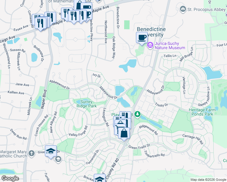 map of restaurants, bars, coffee shops, grocery stores, and more near 2587 Oakton Court in Lisle
