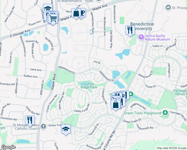 map of restaurants, bars, coffee shops, grocery stores, and more near 2703 Longview Drive in Lisle