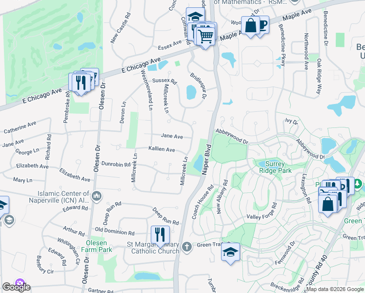 map of restaurants, bars, coffee shops, grocery stores, and more near 1431 Kallien Avenue in Naperville