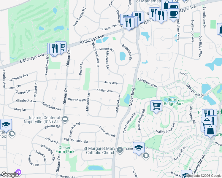 map of restaurants, bars, coffee shops, grocery stores, and more near 1431 Kallien Avenue in Naperville