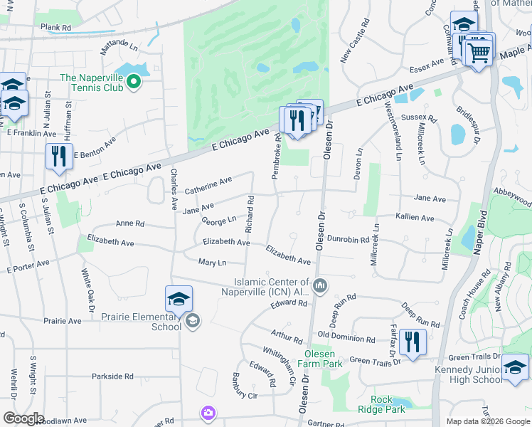 map of restaurants, bars, coffee shops, grocery stores, and more near 223 Pembroke Road in Naperville