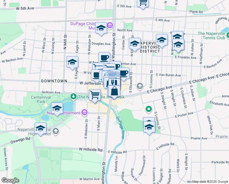 map of restaurants, bars, coffee shops, grocery stores, and more near 236 South Washington Street in Naperville
