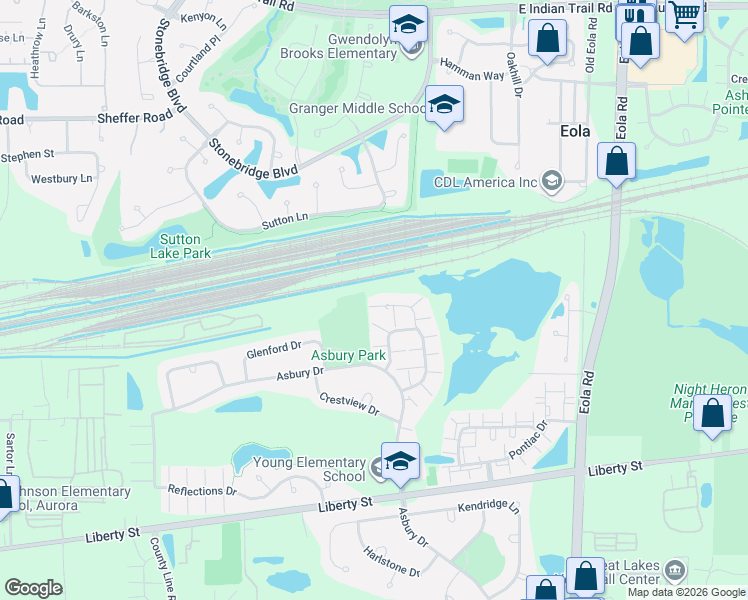 map of restaurants, bars, coffee shops, grocery stores, and more near 1067 Woodview Court in Aurora