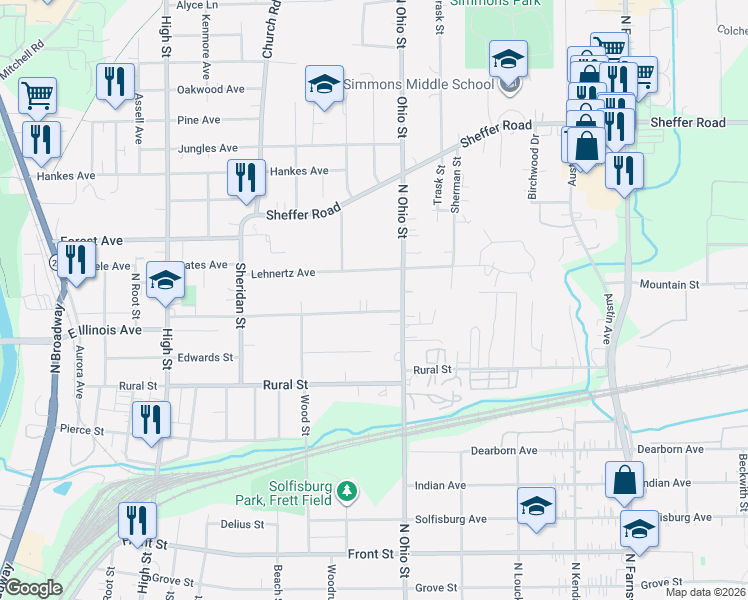 map of restaurants, bars, coffee shops, grocery stores, and more near 954 Mountain Street in Aurora