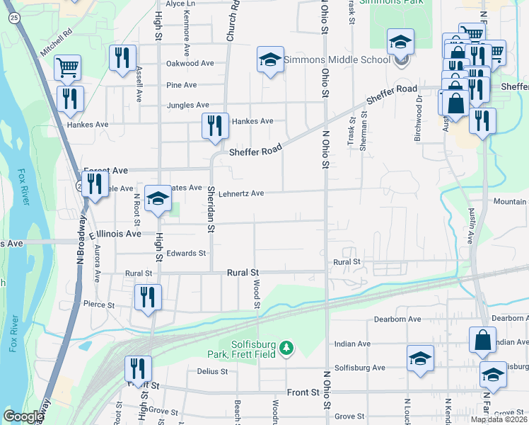 map of restaurants, bars, coffee shops, grocery stores, and more near 922 Mountain Street in Aurora
