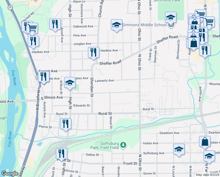 map of restaurants, bars, coffee shops, grocery stores, and more near 820 Mountain Street in Aurora