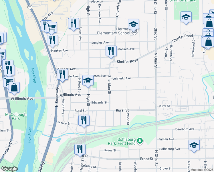 map of restaurants, bars, coffee shops, grocery stores, and more near 710 Sheridan Street in Aurora
