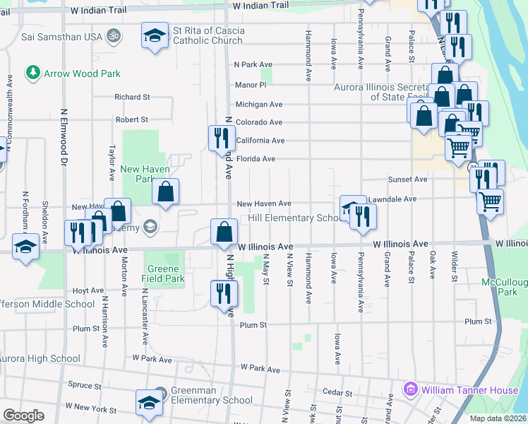 map of restaurants, bars, coffee shops, grocery stores, and more near 741 Gillette Avenue in Aurora