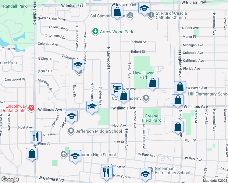 map of restaurants, bars, coffee shops, grocery stores, and more near 932 New Haven Avenue in Aurora