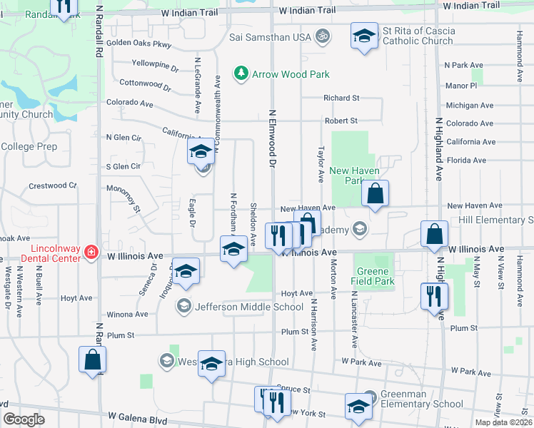 map of restaurants, bars, coffee shops, grocery stores, and more near 740 North Elmwood Drive in Aurora