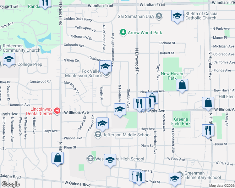 map of restaurants, bars, coffee shops, grocery stores, and more near 781 North Commonwealth Avenue in Aurora
