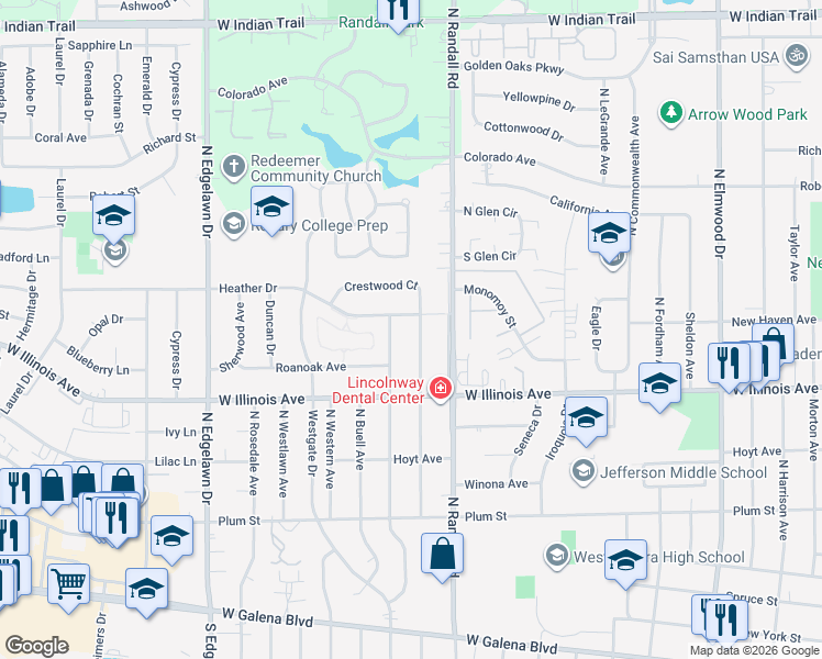 map of restaurants, bars, coffee shops, grocery stores, and more near 746 North Glenwood Place in Aurora