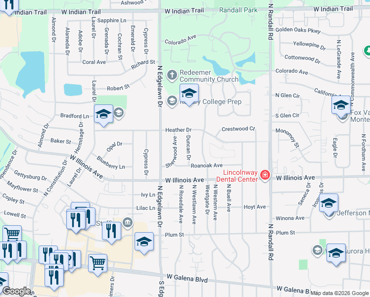 map of restaurants, bars, coffee shops, grocery stores, and more near 756 Duncan Drive in Aurora
