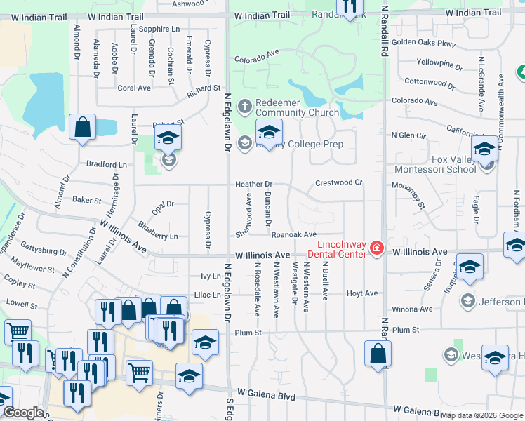 map of restaurants, bars, coffee shops, grocery stores, and more near 756 Duncan Drive in Aurora