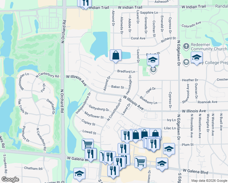map of restaurants, bars, coffee shops, grocery stores, and more near 2161 West Illinois Avenue in Aurora