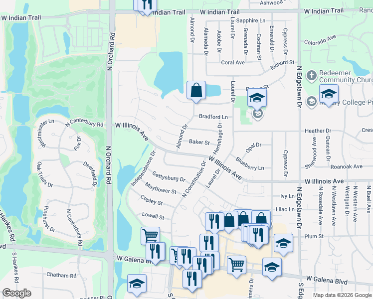 map of restaurants, bars, coffee shops, grocery stores, and more near 2221 West Illinois Avenue in Aurora