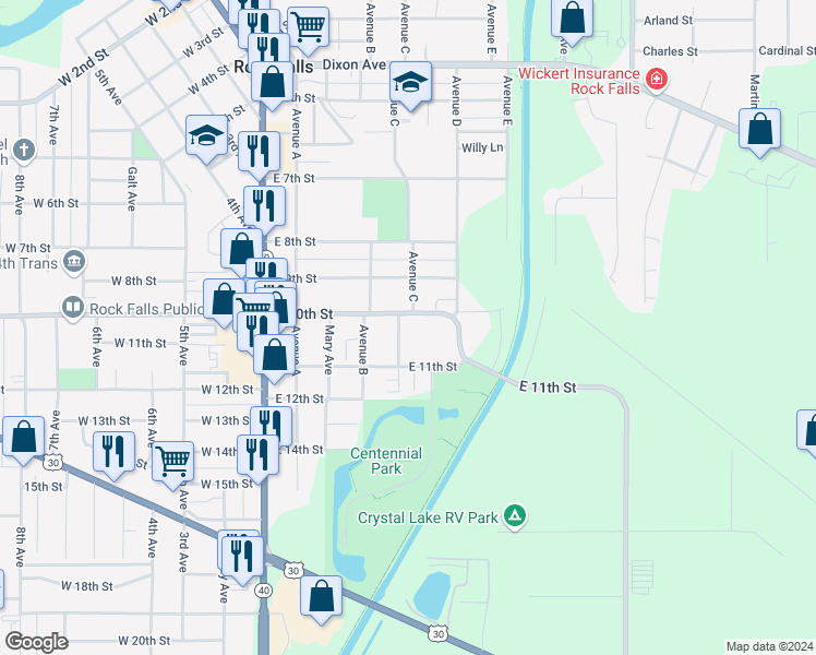 map of restaurants, bars, coffee shops, grocery stores, and more near 1003 Avenue C in Rock Falls