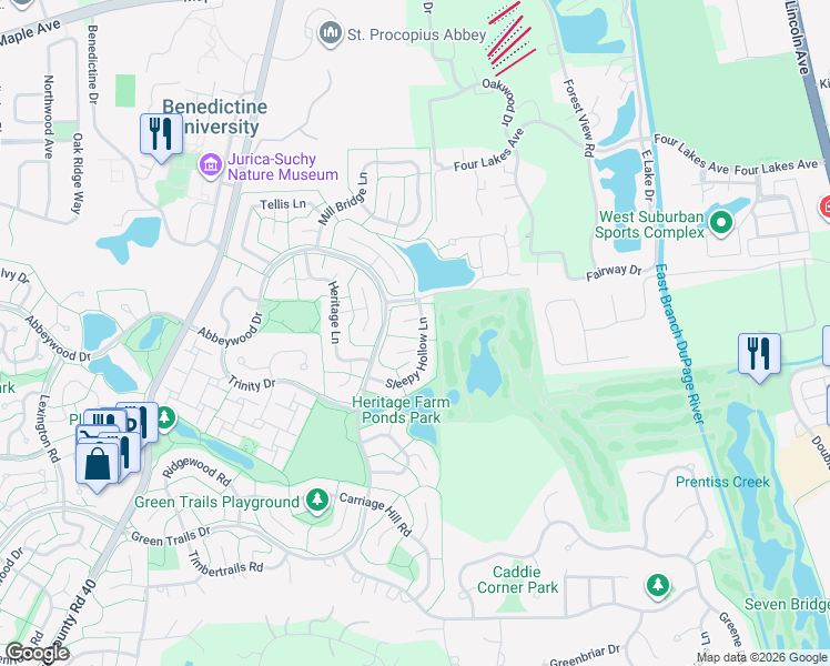 map of restaurants, bars, coffee shops, grocery stores, and more near 6212 Sleepy Hollow Ln in Lisle