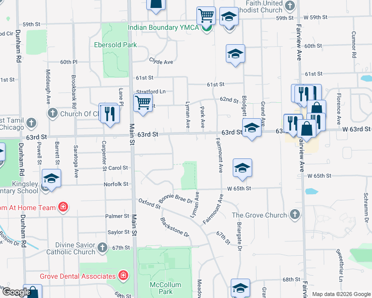 map of restaurants, bars, coffee shops, grocery stores, and more near 801 63rd Street in Downers Grove