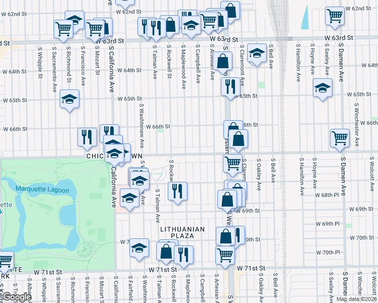 map of restaurants, bars, coffee shops, grocery stores, and more near 2522 West Marquette Road in Chicago