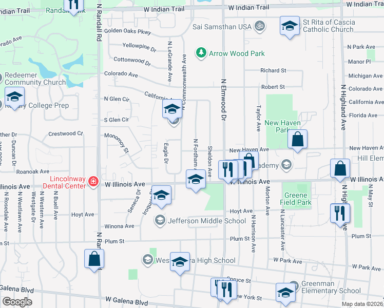 map of restaurants, bars, coffee shops, grocery stores, and more near 781 North Commonwealth Avenue in Aurora