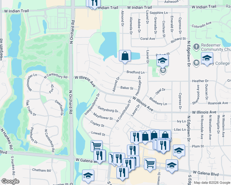map of restaurants, bars, coffee shops, grocery stores, and more near 2221 West Illinois Avenue in Aurora