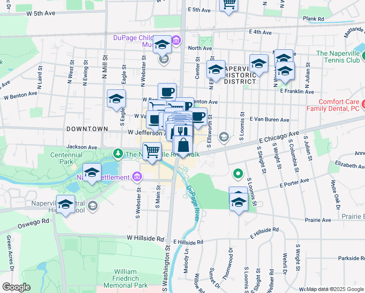map of restaurants, bars, coffee shops, grocery stores, and more near 236 South Washington Street in Naperville