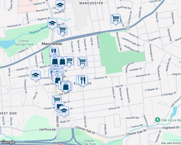 map of restaurants, bars, coffee shops, grocery stores, and more near 133 Birch Street in Manchester