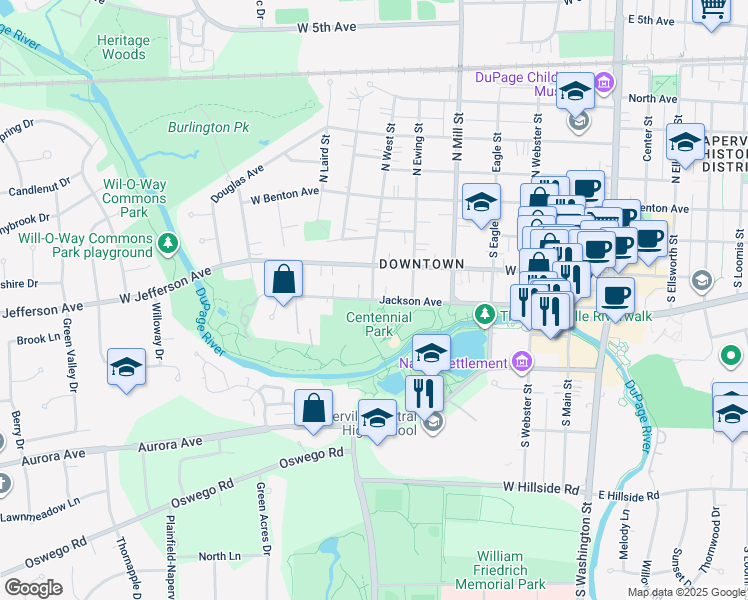 map of restaurants, bars, coffee shops, grocery stores, and more near 550 Jackson Avenue in Naperville