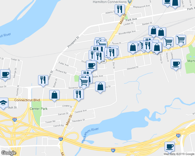 map of restaurants, bars, coffee shops, grocery stores, and more near 21 Wells Avenue in East Hartford