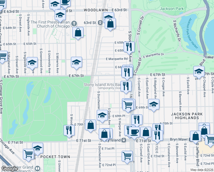 map of restaurants, bars, coffee shops, grocery stores, and more near 1429 East 67th Place in Chicago
