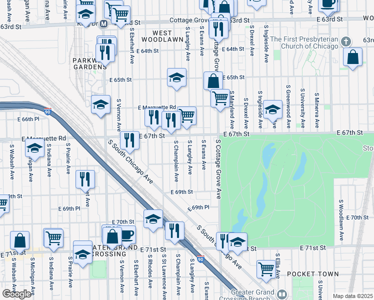 map of restaurants, bars, coffee shops, grocery stores, and more near 6730 South Langley Avenue in Chicago