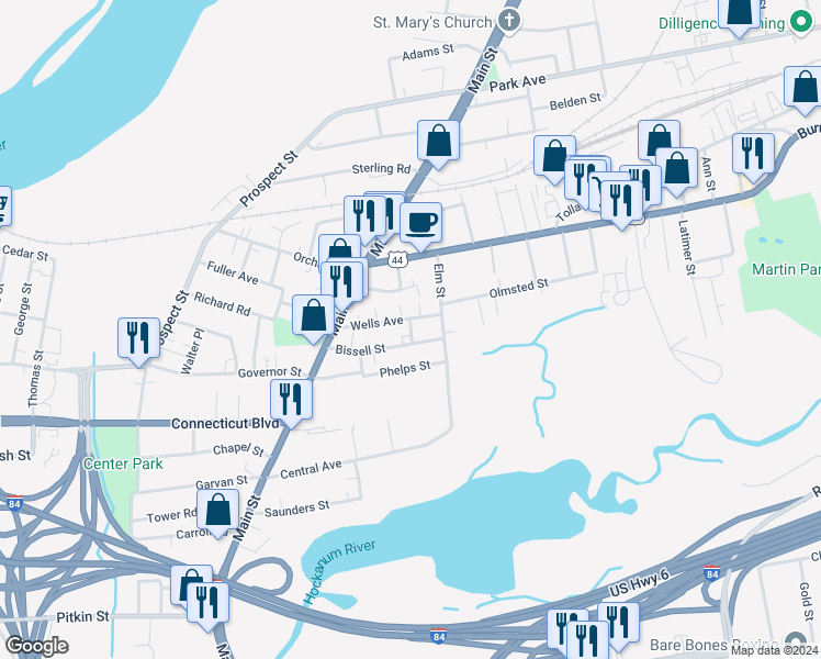 map of restaurants, bars, coffee shops, grocery stores, and more near 11 Lewis Street in East Hartford