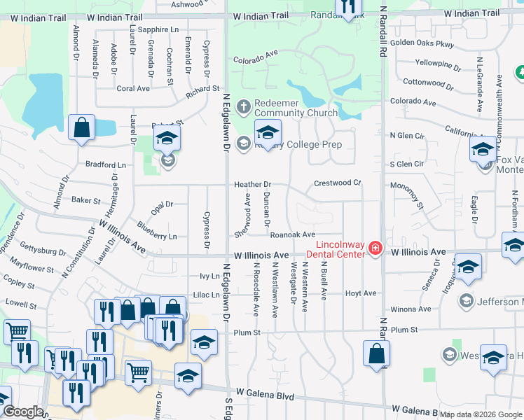 map of restaurants, bars, coffee shops, grocery stores, and more near 756 Duncan Drive in Aurora