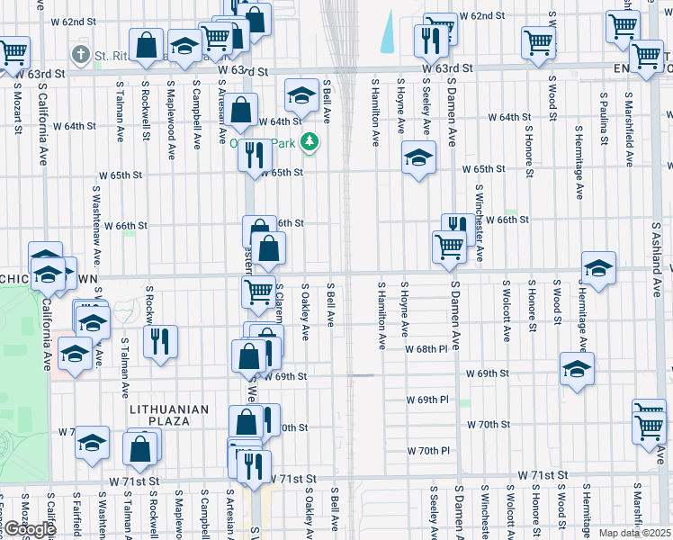 map of restaurants, bars, coffee shops, grocery stores, and more near 6659 South Bell Avenue in Chicago