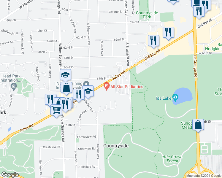 map of restaurants, bars, coffee shops, grocery stores, and more near 6406 Joliet Road in La Grange