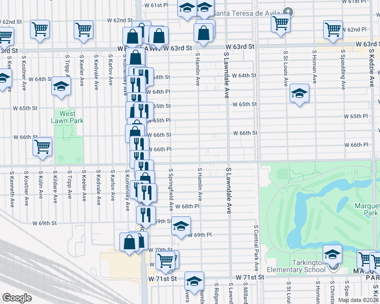 map of restaurants, bars, coffee shops, grocery stores, and more near 3819 West 66th Place in Chicago