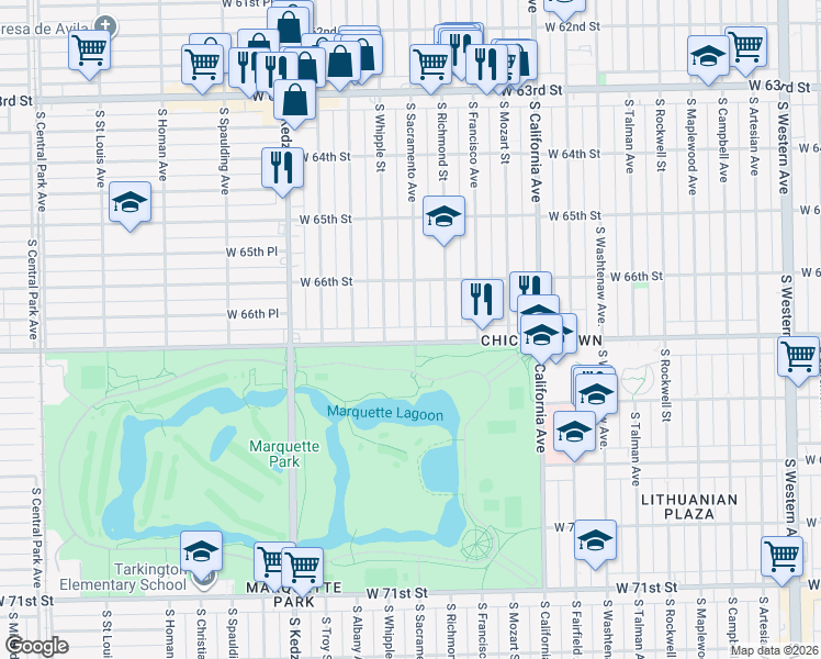 map of restaurants, bars, coffee shops, grocery stores, and more near 6648 South Sacramento Avenue in Chicago