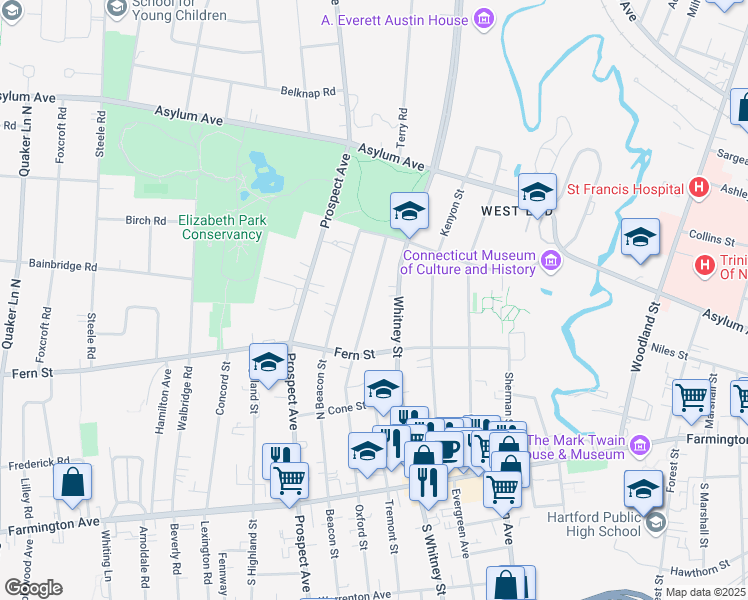 map of restaurants, bars, coffee shops, grocery stores, and more near 256 Oxford Street in Hartford
