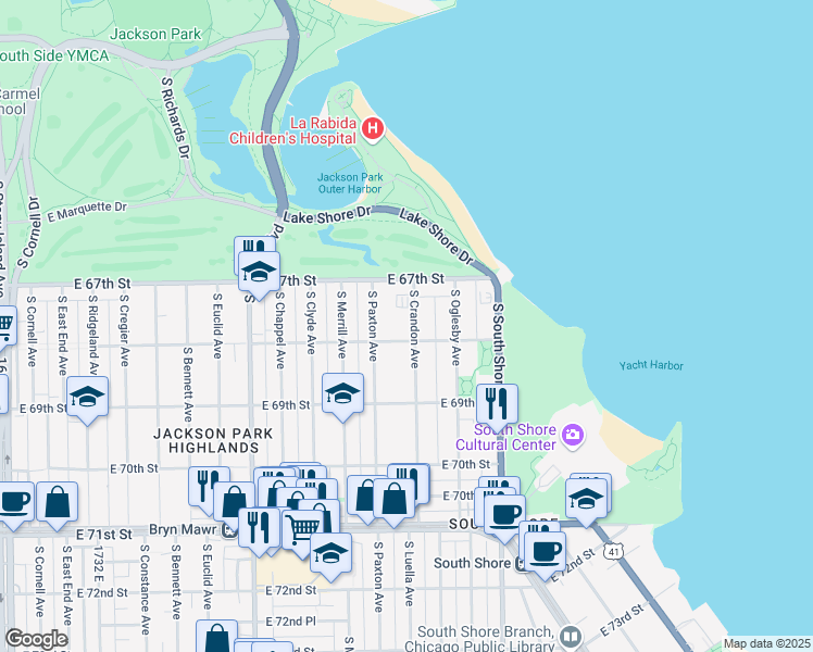 map of restaurants, bars, coffee shops, grocery stores, and more near 6746 South Crandon Avenue in Chicago