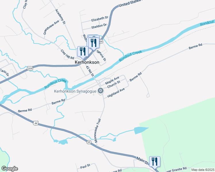 map of restaurants, bars, coffee shops, grocery stores, and more near 111 Church Street in Kerhonkson