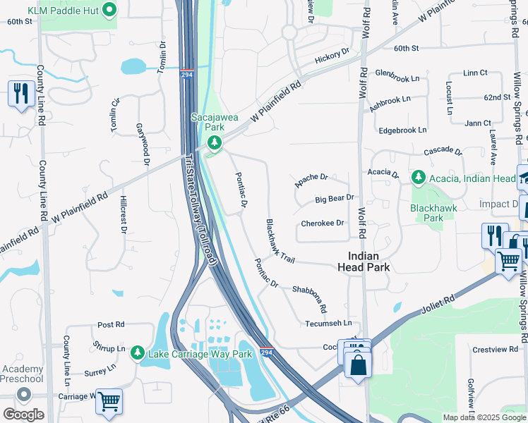 map of restaurants, bars, coffee shops, grocery stores, and more near 6372 Blackhawk Trail in Indian Head Park