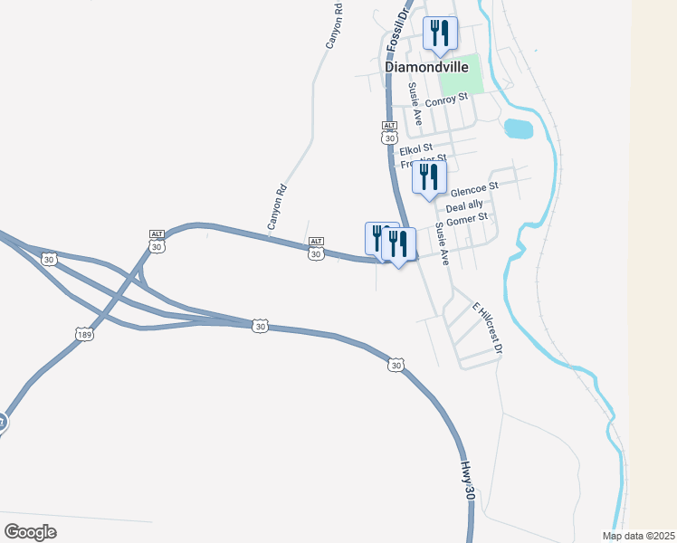 map of restaurants, bars, coffee shops, grocery stores, and more near 18 U.S. 189 in Kemmerer
