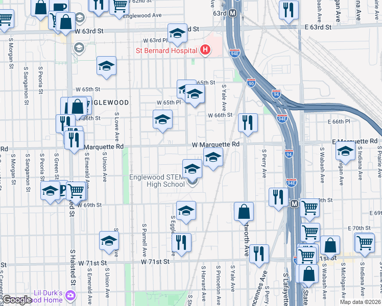 map of restaurants, bars, coffee shops, grocery stores, and more near 6717 South Stewart Avenue in Chicago