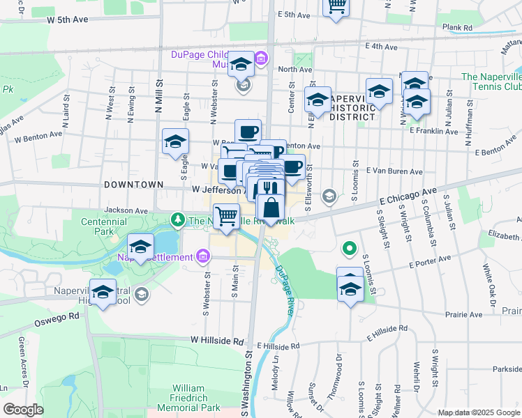 map of restaurants, bars, coffee shops, grocery stores, and more near 236 South Washington Street in Naperville